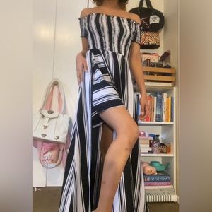 Very comfortable fitted off the shoulder striped dress. Except…it’s a jumpsuit!